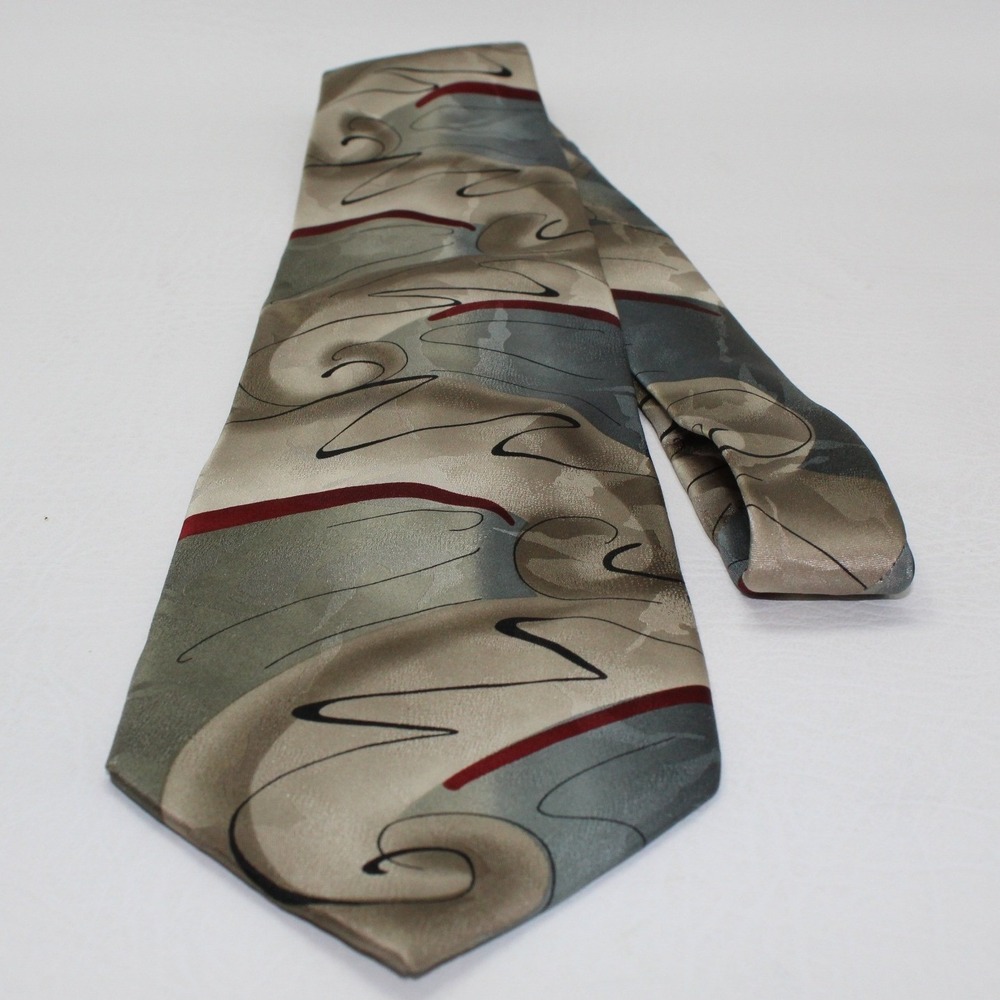 J. Garcia Snail Garden Collection Thirty-Four Silk Tie Abstract Sage Grey Red